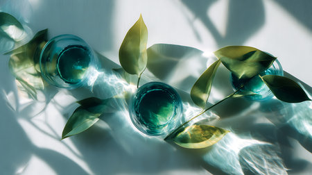 Blue water in glass with green leaves on white background, top viewの素材