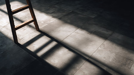 Wooden ladder on the floor in a room with sunlight and shadowの素材