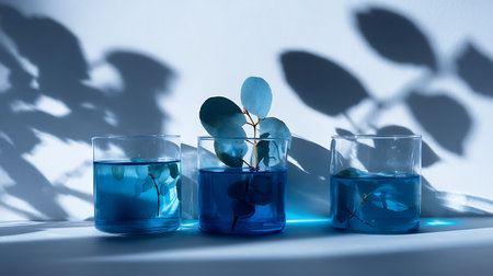 Blue glass vases with eucalyptus leaves on white backgroundの素材