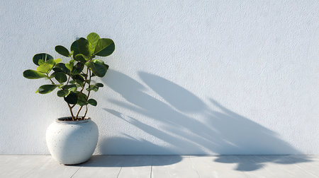 Green plant in white pot on wooden floor and white wall background.の素材