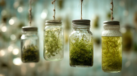 Herbs and spices in glass jars on blurred background, alternative medicine conceptの素材