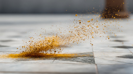 Golden sand explosion on a marble floor. 3d rendering illustration.の素材