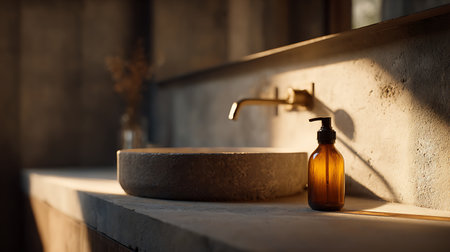 Bathroom interior design with bathtub and soap dispenser.の素材