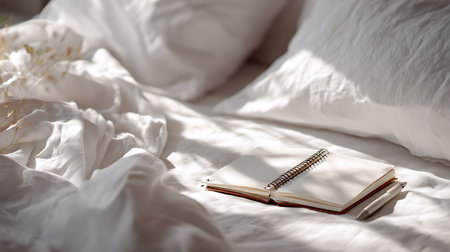 Notebook on the bed at home. Book on the bed in the morning.の素材
