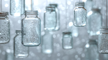 Empty glass jars on a bokeh background. 3d renderingの素材
