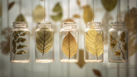Autumn leaves in a glass jar on a white wooden background.の素材