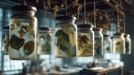 Dried leaves in glass jars hanging on the wall in the kitchenの素材