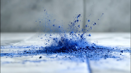 Blue paint splashing on a wooden surface. Blue paint splashing on a wooden table.の素材