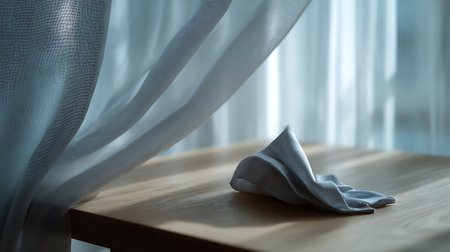 Close-up of a table with a white cloth on it.の素材