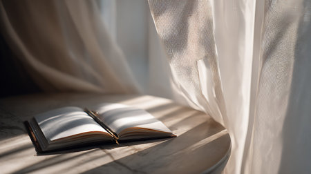 Open book on a table in the morning light. Selective focus.の素材