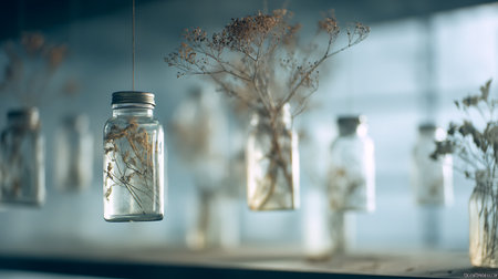 Glass jars with dried flowers on shelf in store, vintage tonedの素材