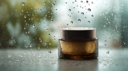 cosmetic cream in a jar with drops of water on the tableの素材