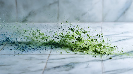 Green paint splashing on tile floor, abstract background with copy spaceの素材