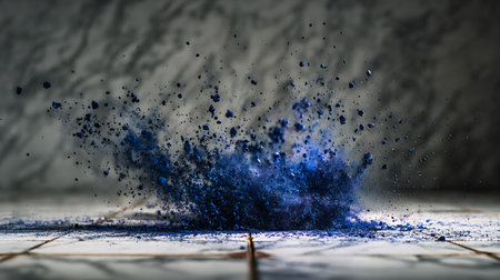 Blue powder explosion on a tiled floor. Abstract blue background.の素材