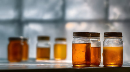 Honey in glass bottles on wooden table. Selective focus.の素材