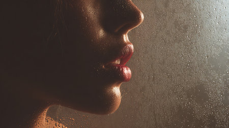 Close-up portrait of a beautiful woman with red lips and wet hair.の素材