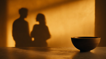 Coffee cup and silhouette of man and woman on the wallの素材