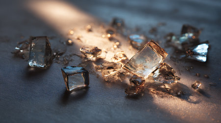 Ice cubes on a wooden table with sunbeams. Minimal style.の素材