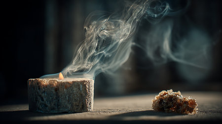 Burning candle in the dark with smoke and a piece of breadの素材