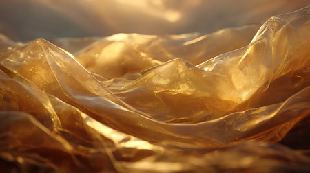 Close up of yellow crumpled transparent fabric. Abstract background.の素材