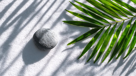 Green palm leaf and stone on white sand with shadow of palm tree.の素材