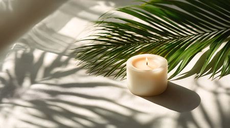 Candle and palm leaf on window sill in sunlight, closeupの素材