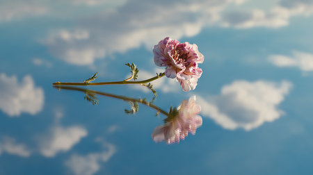 Beautiful pink flower reflected in the water of a pond with cloudsの素材