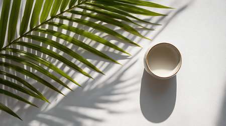 Coffee cup and palm leaf on white background with shadows. Flat lay.の素材