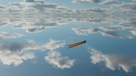 Flying airplane in the blue sky with clouds. 3D illustration.の素材