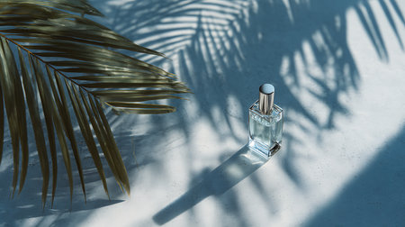 Perfume bottle on a white background with palm leaves shadow.の素材