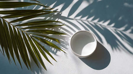 Ceramic cup and palm leaf shadow on white wall. Minimal summer conceptの素材