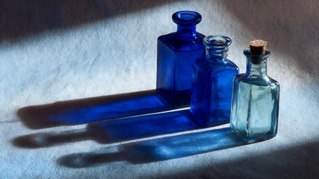 two blue glass bottles with cork on a light background with shadowsの素材