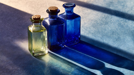 three glass bottles with blue and yellow liquid on a blue background with shadowsの素材