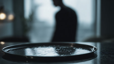 Selective focus on plate with liquid soap on table with blurred man in backgroundの素材