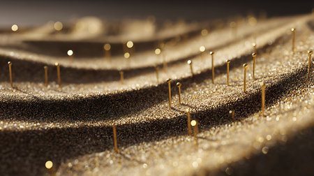 Golden sequins on a golden background. 3d rendering, 3d illustration.の素材