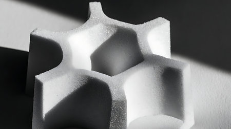 A closeup shot of a snowflake on a white surface with shadowsの素材