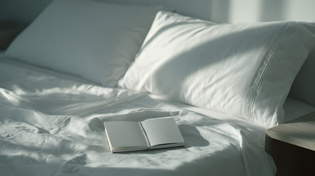 Comfortable white bed with a book in the morning, soft focusの素材