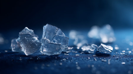Pieces of ice on dark blue background. Selective focus.の素材