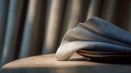 Table setting with linen napkin on wooden table. Selective focus.の素材