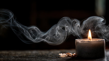 Burning candle on a dark background with smoke. Selective focus.の素材