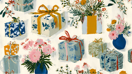Seamless pattern with gift boxes and flowers. Vector illustration.の素材