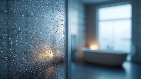 Bathroom interior with window and water drops. 3d renderingの素材