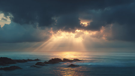 Beautiful seascape with sunbeams and rays of lightの素材