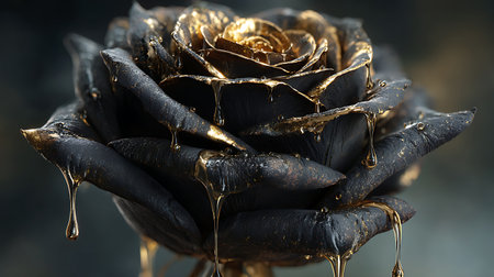 Black rose with drops of oil on dark background, close-upの素材