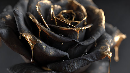 Black rose with drops of oil on dark background, closeup viewの素材