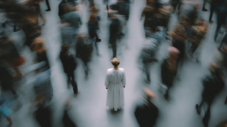 Businesswoman walking in a crowd of people (motion blurred image)の素材