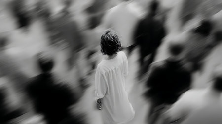 Black and white image of a young woman in a white dress walking through the crowd.の素材