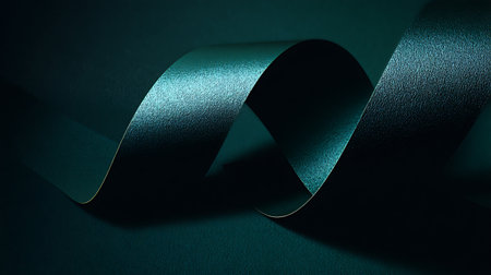 Curly blue ribbon on a dark background. Horizontal photo.の素材