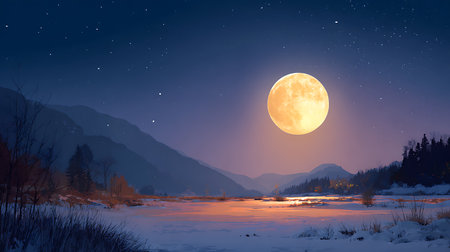 Frozen lake in mountains at night with full moon. 3D renderingの素材