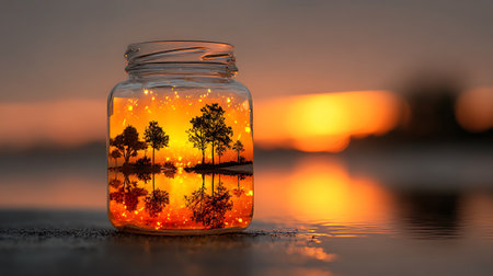 A small tree in a glass jar with a beautiful sunset in the backgroundの素材